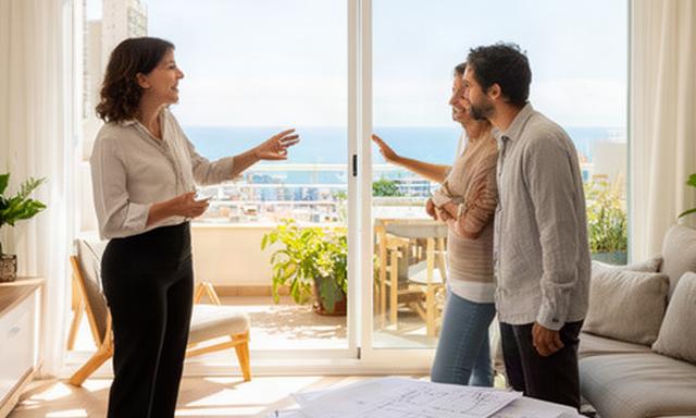 Asesora inmobiliaria mostrando una vivienda luminosa cerca de la playa de Benidorm
