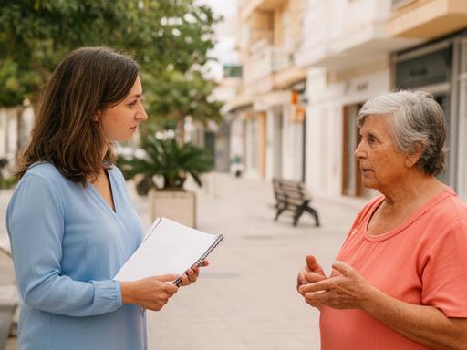Editora María Blasco entrevistando a una vecina en un barrio de Benidorm