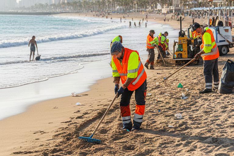 Equipo de limpieza trabajando en la arena de una playa de Benidorm durante la mañana