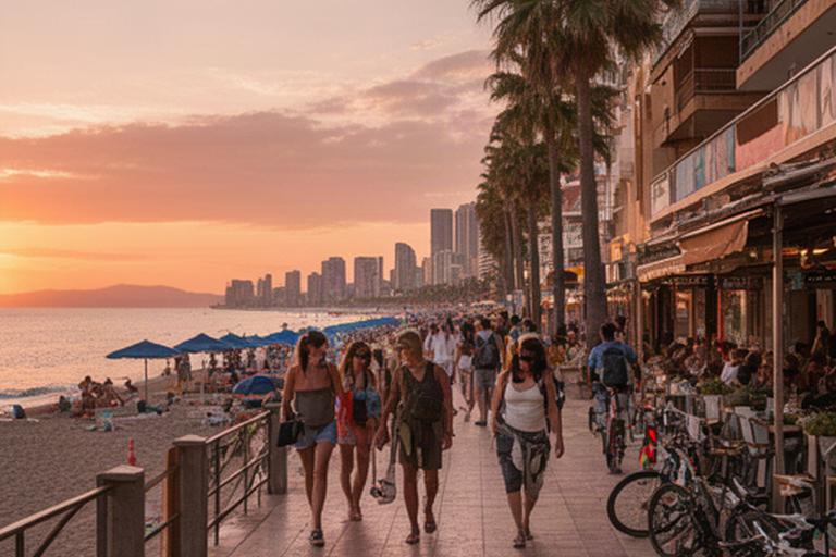 Paseo de la playa de Levante en Benidorm con bañistas y comercios al atardecer