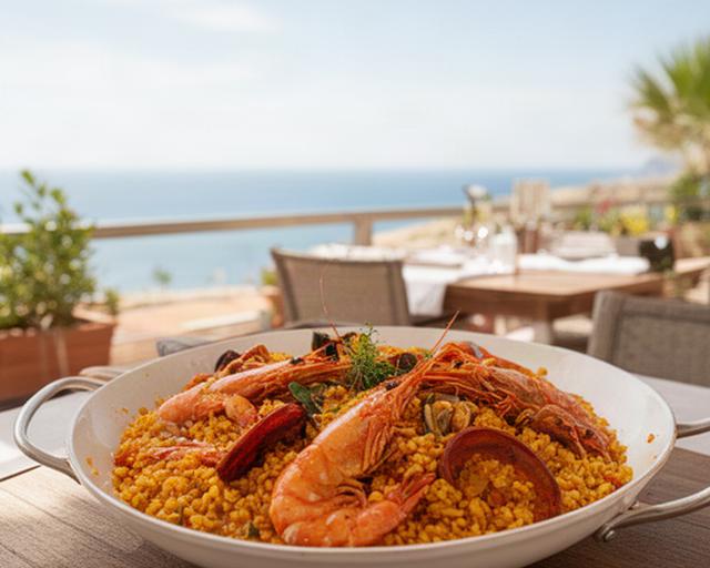 Arroz meloso de pescado servido en una terraza luminosa junto a la costa de Benidorm