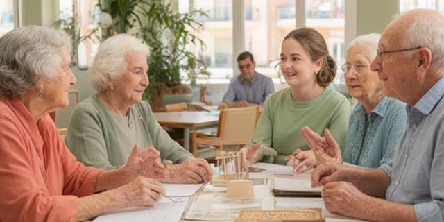 Personas mayores y jóvenes compartiendo un taller de memoria en un centro comunitario de Benidorm